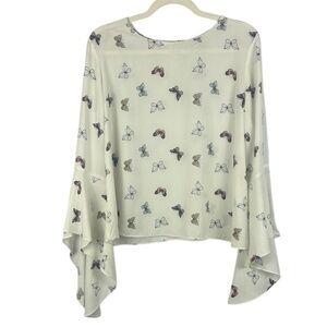 Emma & Olivia Chic Whimsical Cream Butterfly Print Flared Sleeves Large Blouse